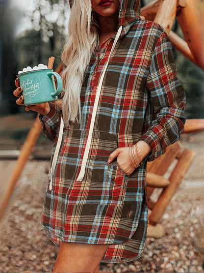 Women’s Retro Plaid Hooded Sweatshirt – Long Button-Up Fall Hoodie