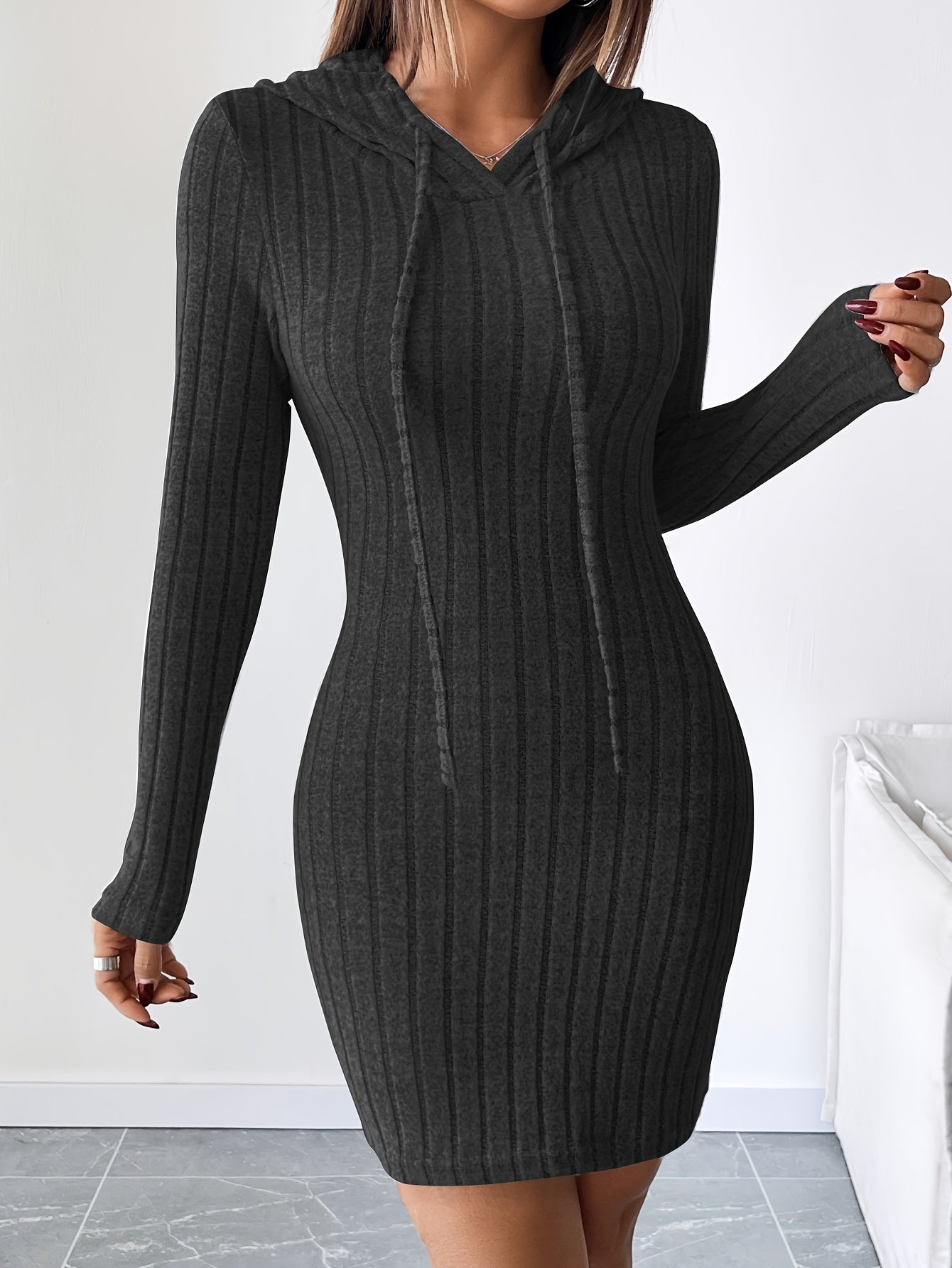 Women’s Ribbed Hooded Bodycon Dress – Drawstring Long Sleeve Pencil Fit