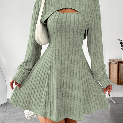 Women’s Ribbed Two-Piece Dress Set – Hooded Short Top & Bodycon Dress