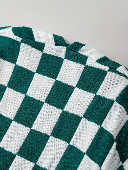 Red & White Gingham Cardigan – Women’s Cozy Fall/Winter Knit Sweater