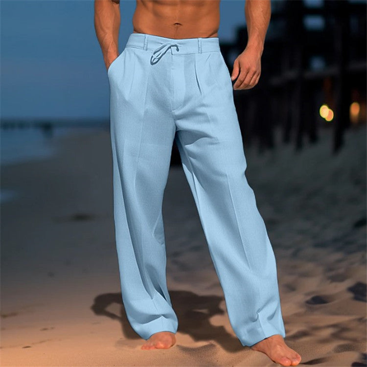 Pantalon large à cordon de serrage pour homme – Pantalon droit décontracté en coton