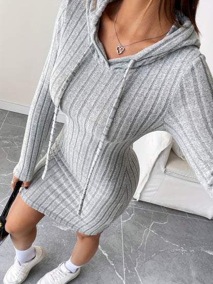 Women’s Ribbed Hooded Bodycon Dress – Drawstring Long Sleeve Pencil Fit