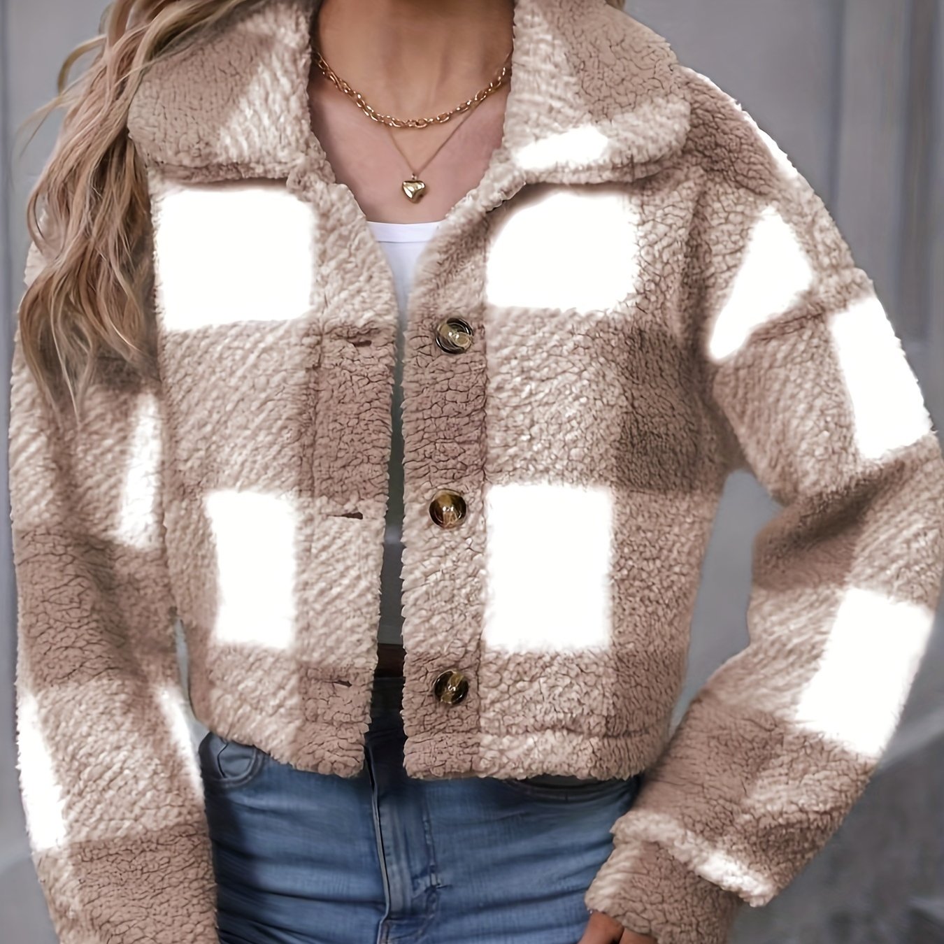 Women’s Plaid Teddy Coat – Button-Up Warm Checkered Fall/Winter Outerwear