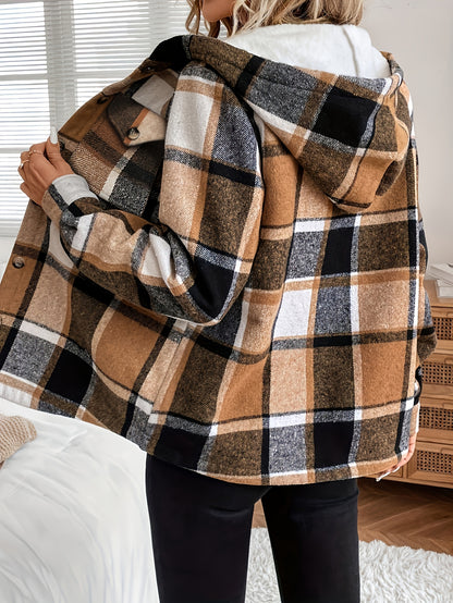 Women’s Plaid Hooded Jacket – Fleece-Lined Button-Up All-Season Outerwear