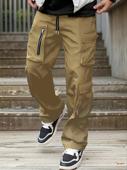 Men’s Black Cargo Pants – Multi-Zip Loose-Fit Outdoor Joggers for Spring/Fall