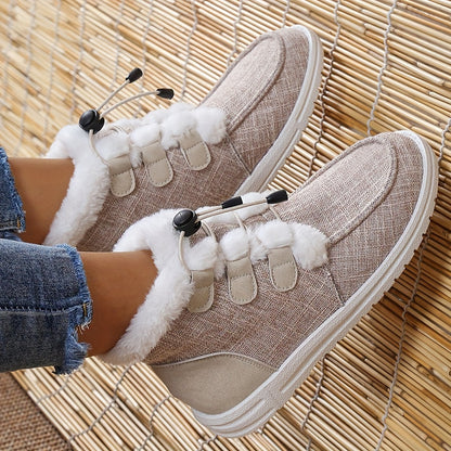 Women’s Faux Fur Slip-On Shoes – Cozy Winter Warm Beige Drawstring Loafers