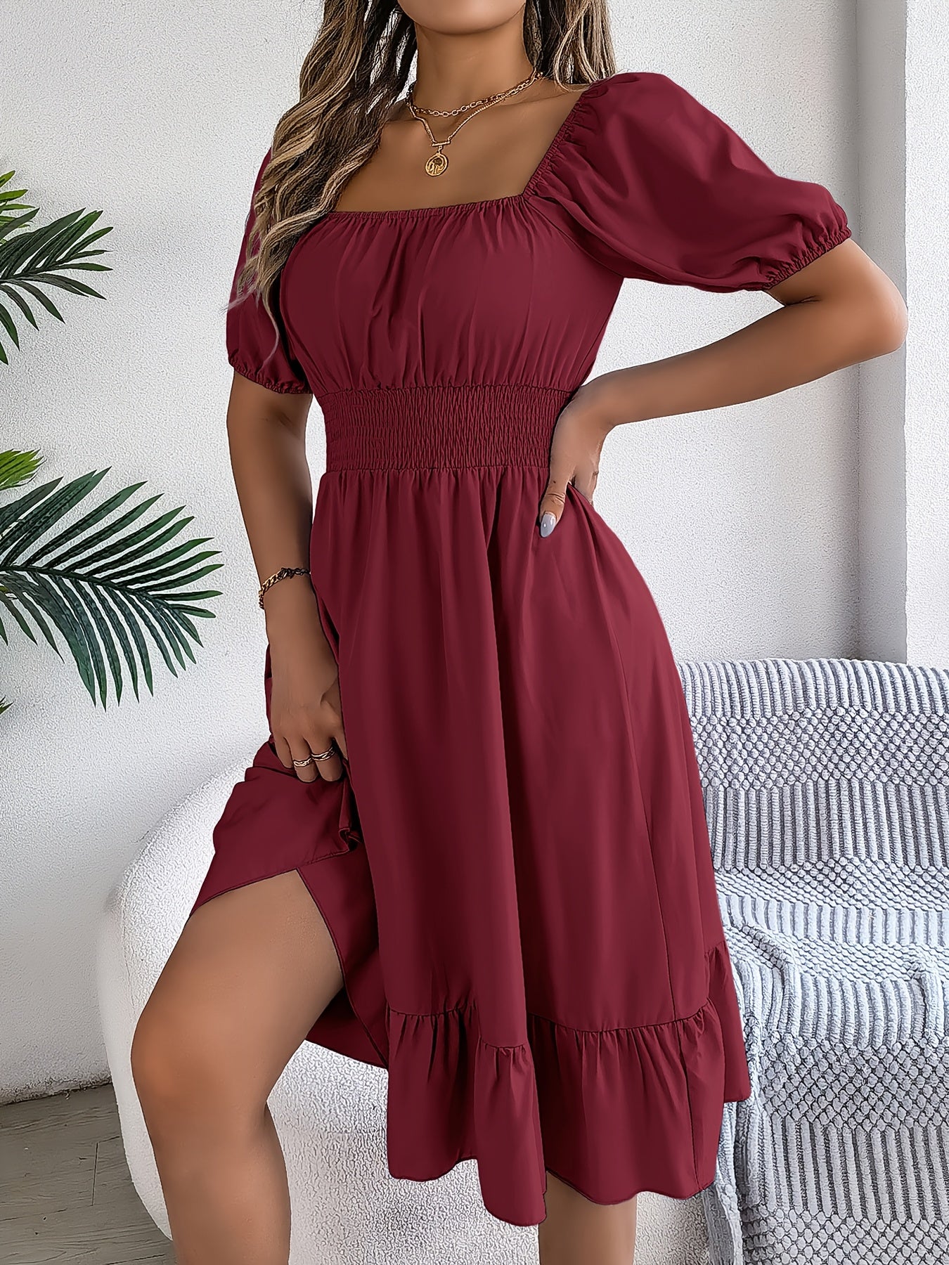 Vestido maxi de línea A con cuello cuadrado y mangas abullonadas – Elegante para primavera y verano