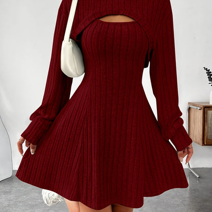 Women’s Ribbed Two-Piece Dress Set – Hooded Short Top & Bodycon Dress