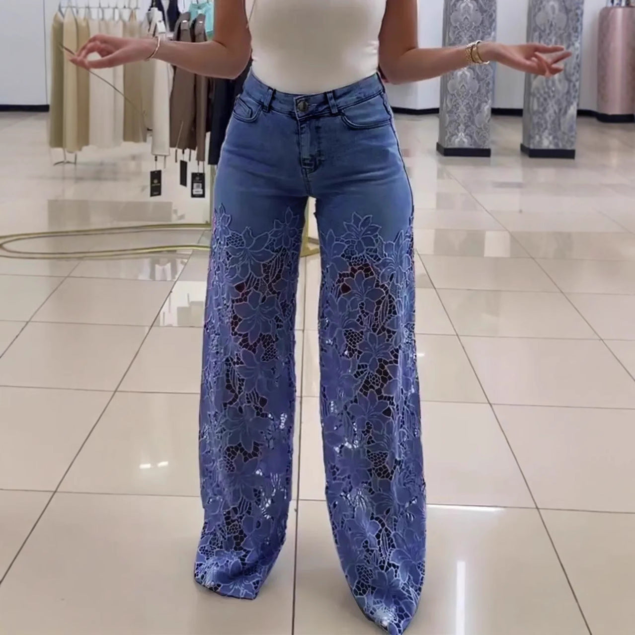 Loom & Soul™ Y2K Lace Hollow Jeans – Women’s High-Waist Wide-Leg Pants with Floral Cutout Detailing