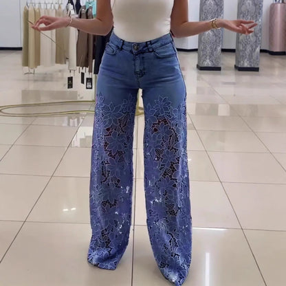 Loom & Soul™ Y2K Lace Hollow Jeans – Women’s High-Waist Wide-Leg Pants with Floral Cutout Detailing