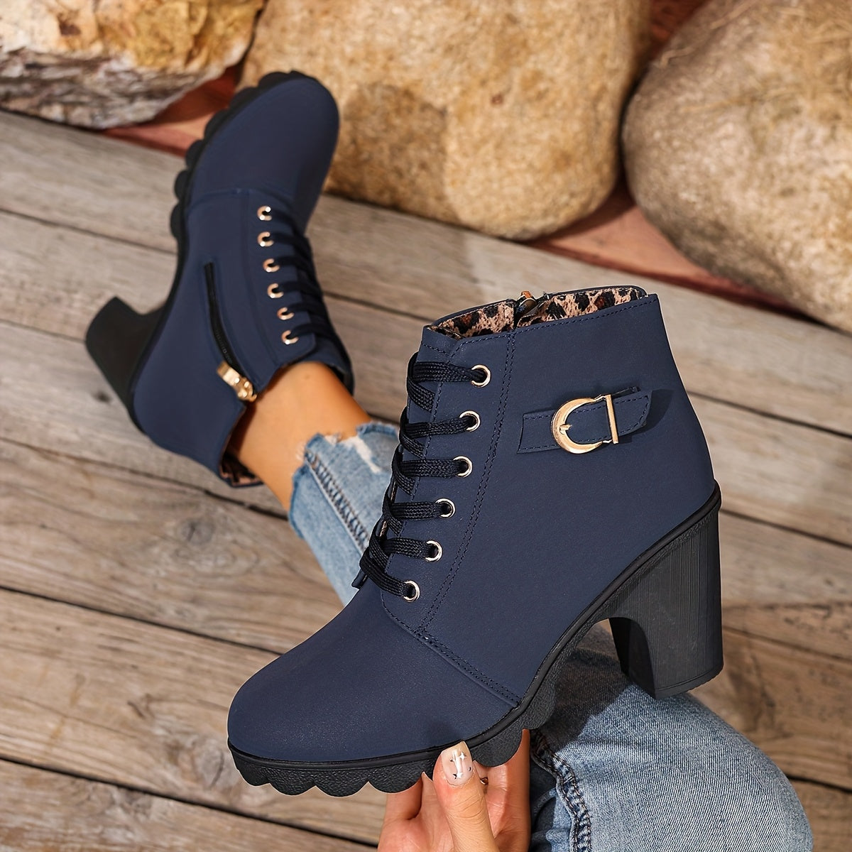 Botines de tacón alto para mujer - Tacón de bloque, elegantes, sin cordones