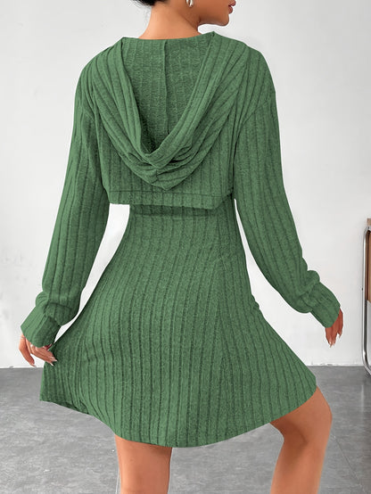 Women’s Ribbed Two-Piece Dress Set – Hooded Short Top & Bodycon Dress
