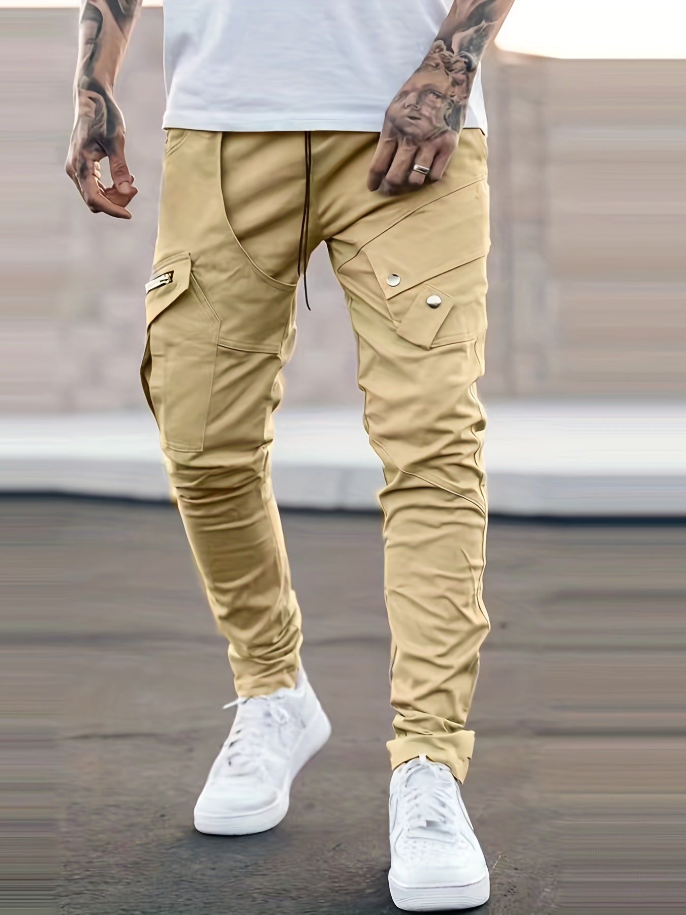 Men’s Black Cargo Pants – Multi-Pocket Drawstring Streetwear Trousers