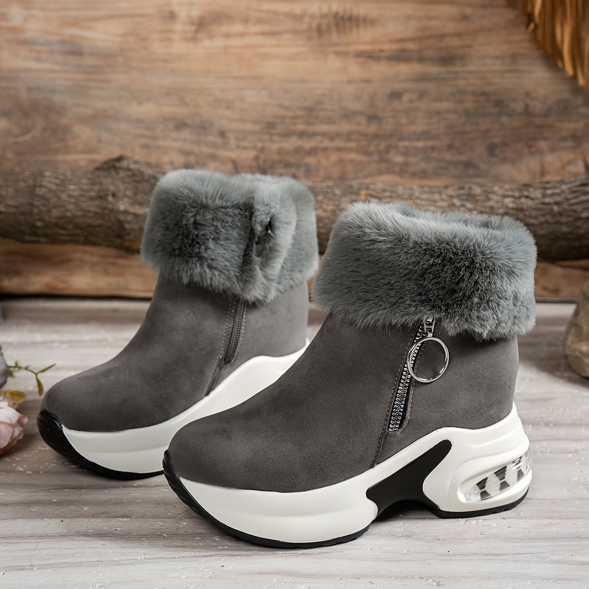 Botines de plataforma para mujer – Zapatos de invierno con cremallera y forro de felpa