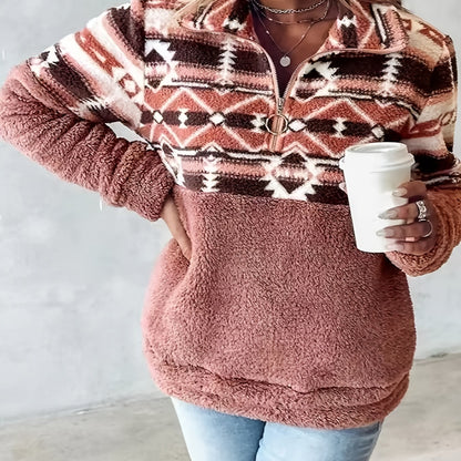 Geo Pattern Teddy Sweatshirt – Half-Zip Fleece Pullover for Fall & Winter