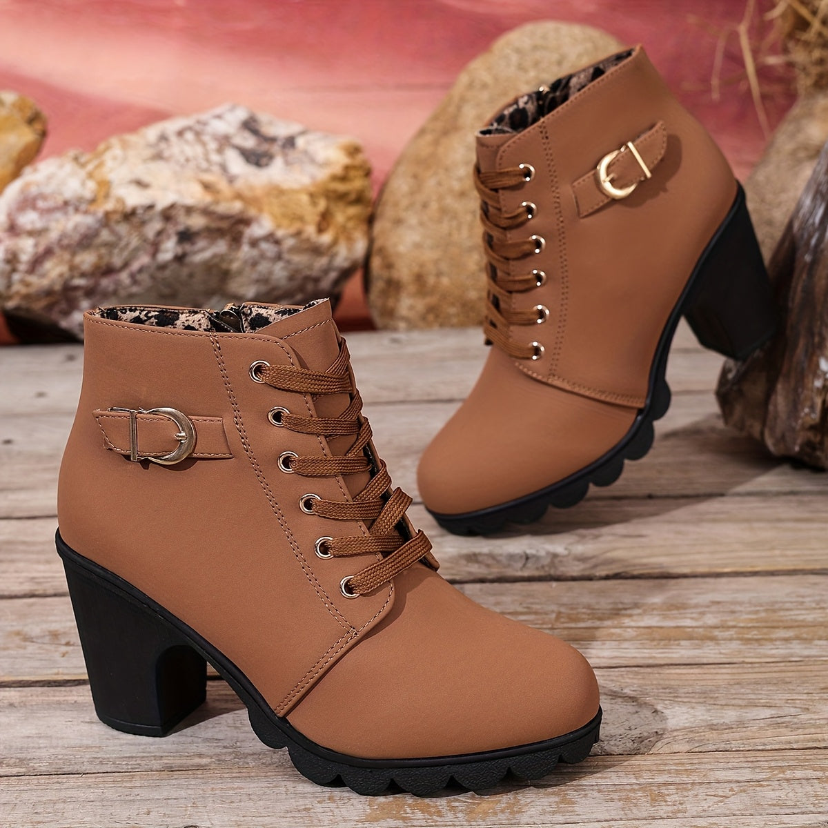 Botines de tacón alto para mujer - Tacón de bloque, elegantes, sin cordones
