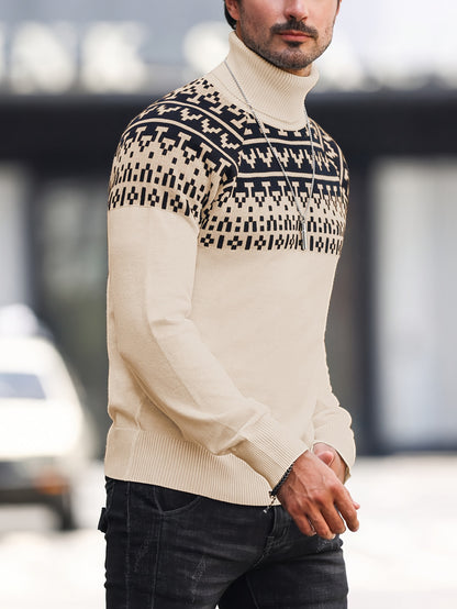 Suéter de cuello alto geométrico para hombre - Suéter informal de punto para otoño e invierno