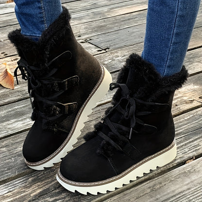Women’s Elegant Lace-Up Winter Boots – Plush Mid-Calf Faux Fur Warm Shoes