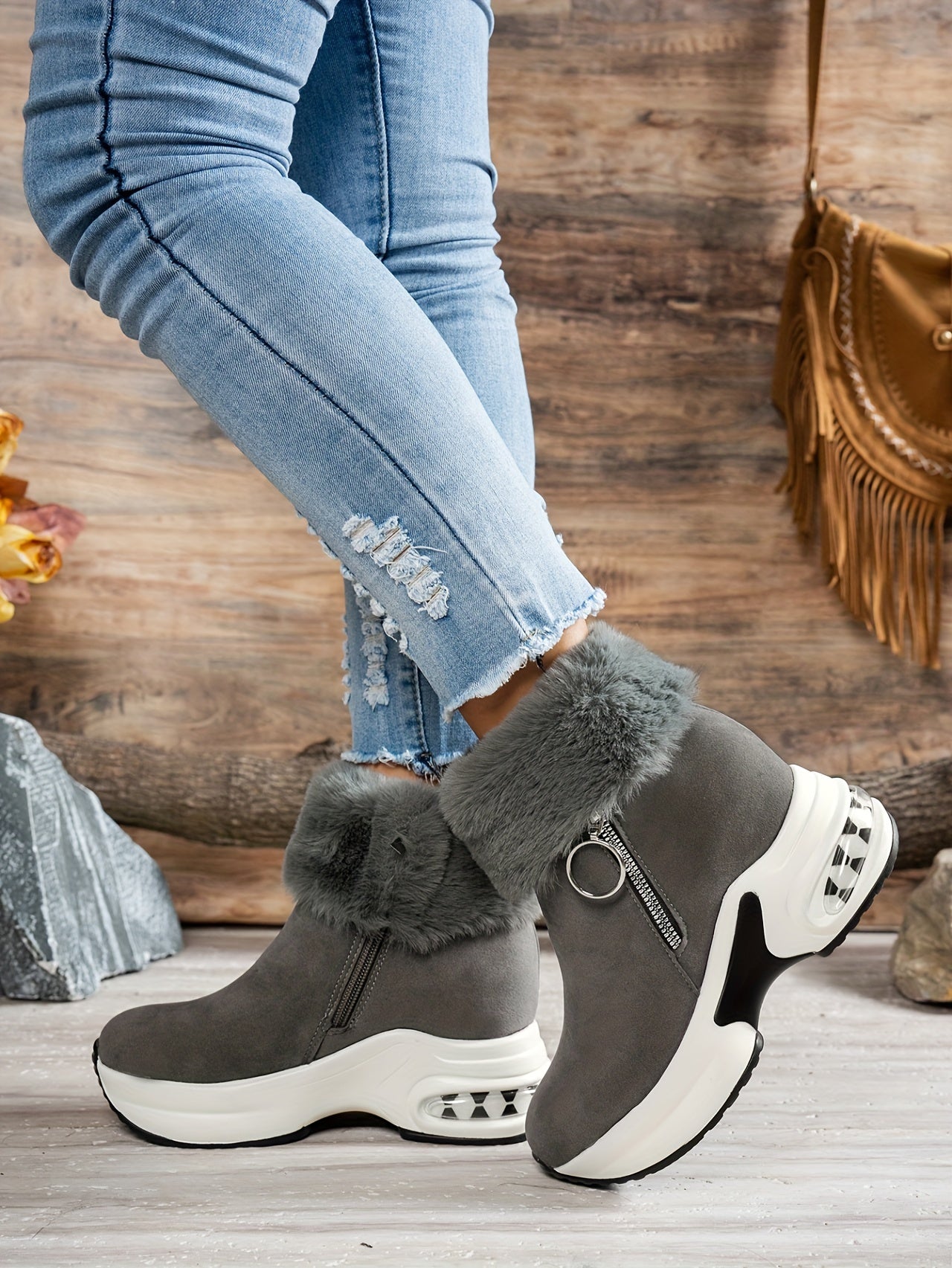 Botines de plataforma para mujer – Zapatos de invierno con cremallera y forro de felpa