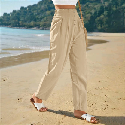 Loom & Soul Women’s Casual High Waist Trousers – Cotton Linen Straight-Leg Pants for Everyday Comfort