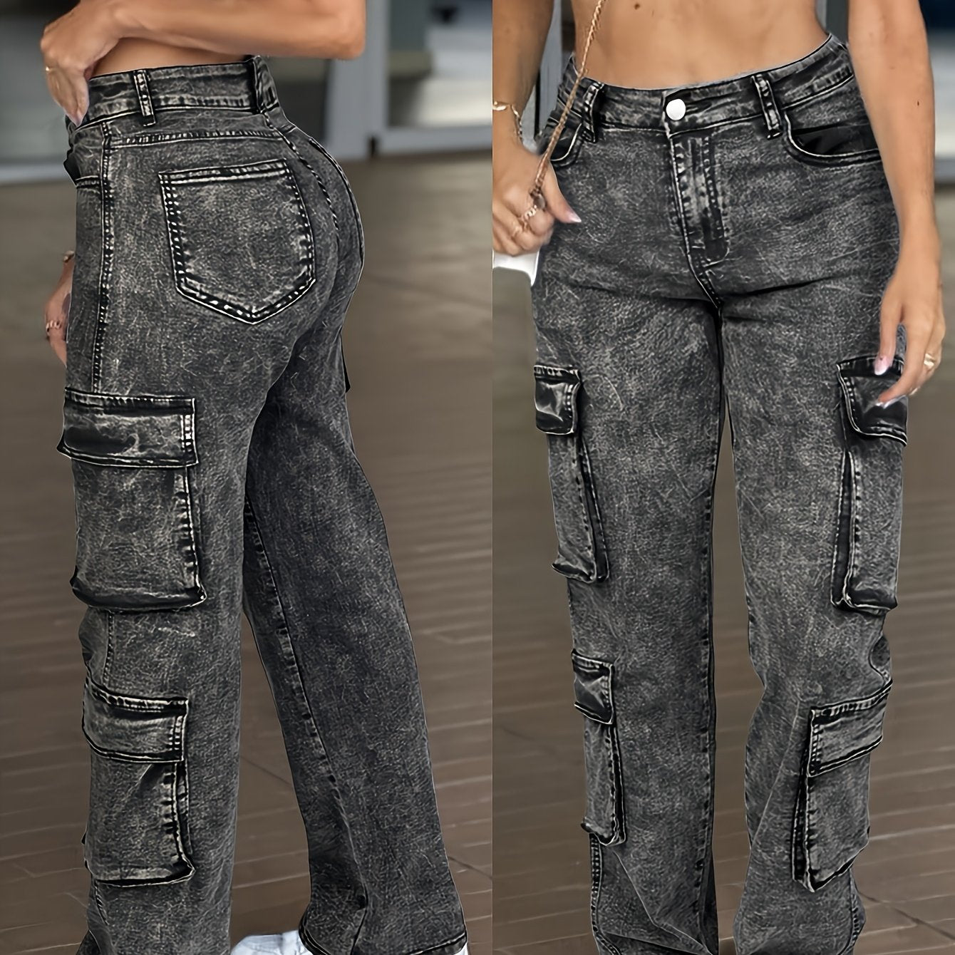 Vaqueros cargo de cintura alta para mujer – Pantalones de mezclilla de trabajo con múltiples bolsillos