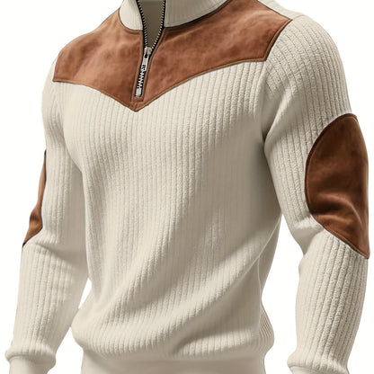 Men’s Stand Collar Half-Zip Pullover – Warm Ribbed Retro Sweatshirt