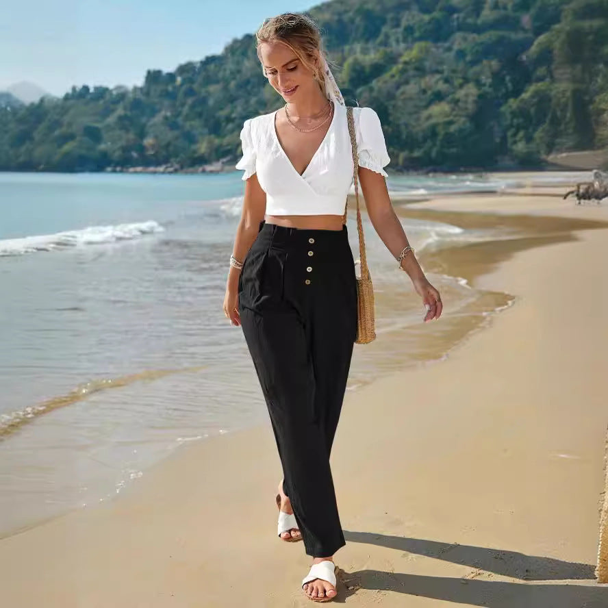 Loom & Soul Women’s Casual High Waist Trousers – Cotton Linen Straight-Leg Pants for Everyday Comfort