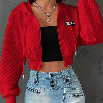 Women’s Elegant Letter Hoodie – Red & Black Cropped Street Pullover