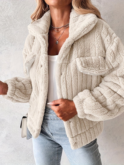 Women’s Soft Pink Plush Jacket – Button-Up Winter Coat with Lapel Collar