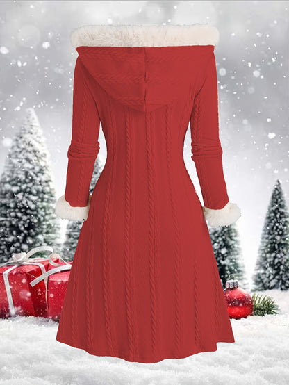 Women’s Y2K Plaid Hooded Coat – Red & White Patchwork Long Winter Jacket