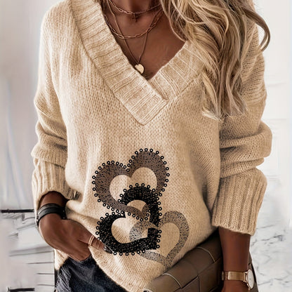 Cozy Heart Print V-Neck Sweater – Soft Knit Pullover for Fall/Winter