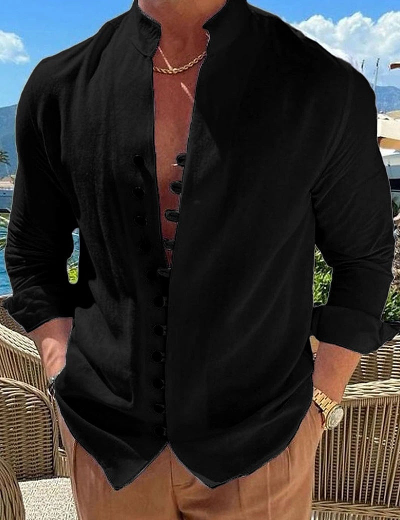 Chemise homme col mao en coton et lin – Cardigan décontracté coupe ample