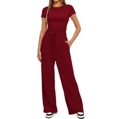 Loom & Soul™ 2-Piece Solid Color Yoga Set – Women’s Short-Sleeve Top & High-Waist Wide-Leg Pants