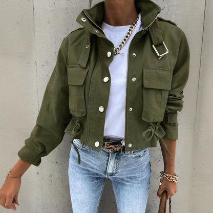 Chaqueta Corta Casual para Mujer con Cuello Alto, Botones y Cremallera