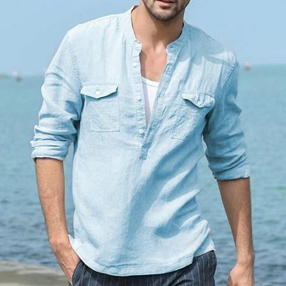 Camisa de Lino y Algodón de Manga Larga para Hombre – Camisa Informal Transpirable con Botones