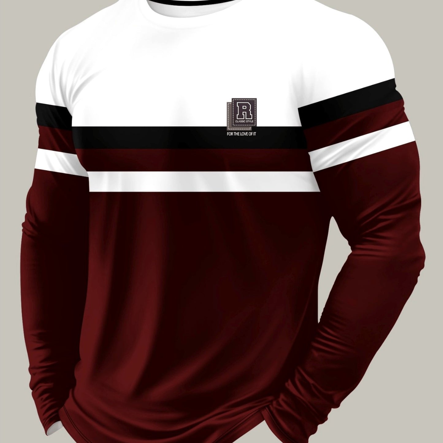 3D Geometric Street Tee – Wine Red Contrast Long Sleeve