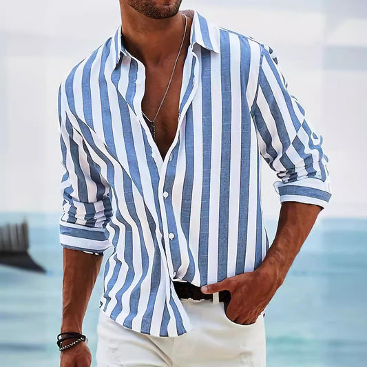 Camisa Casual Rayada para Hombre – Manga Larga Estilo Británico de Ajuste Holgado