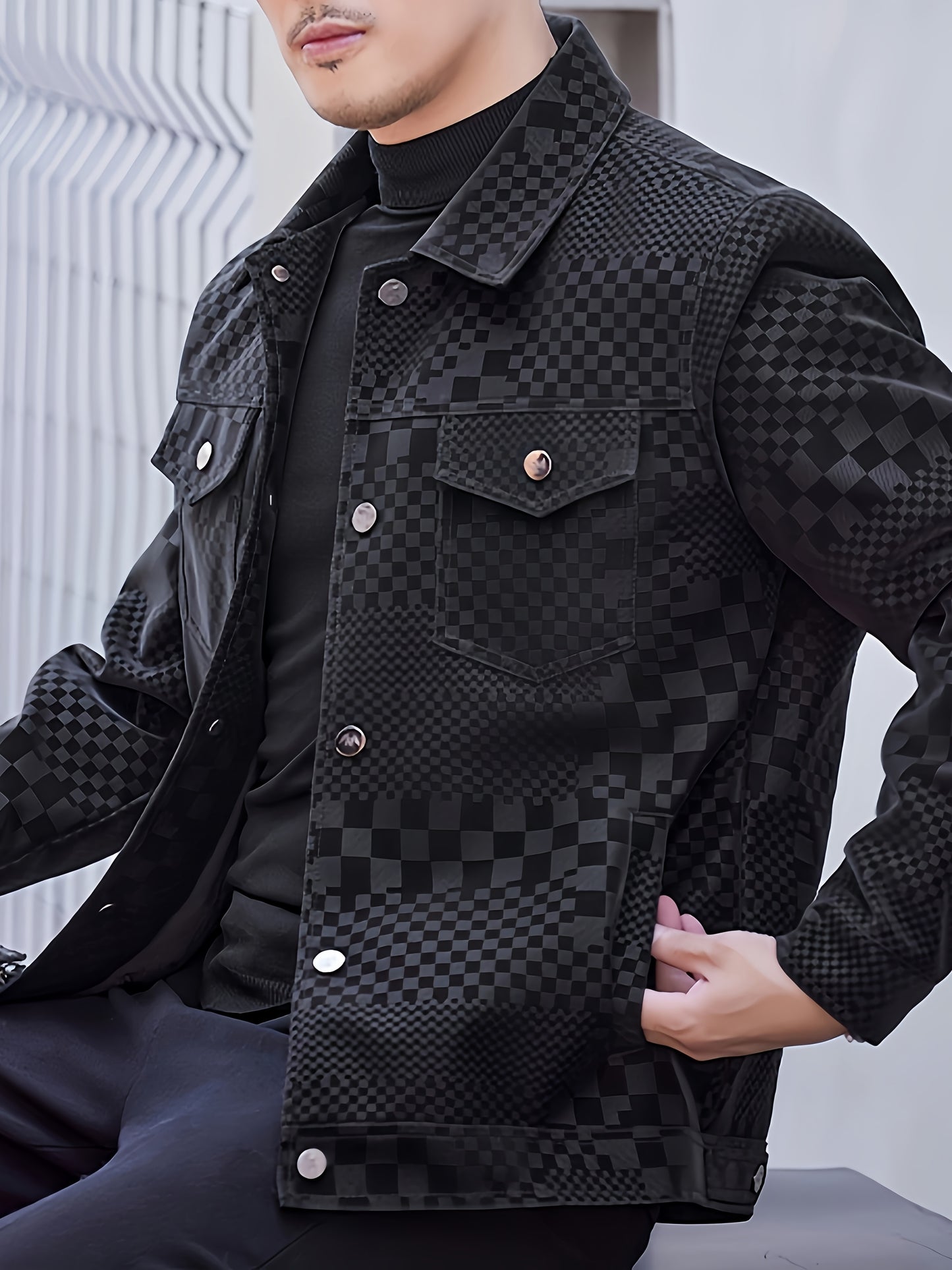 Men’s Checkered PU Coat – Black & Brown Houndstooth Street Jacket