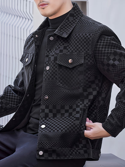 Men’s Checkered PU Coat – Black & Brown Houndstooth Street Jacket