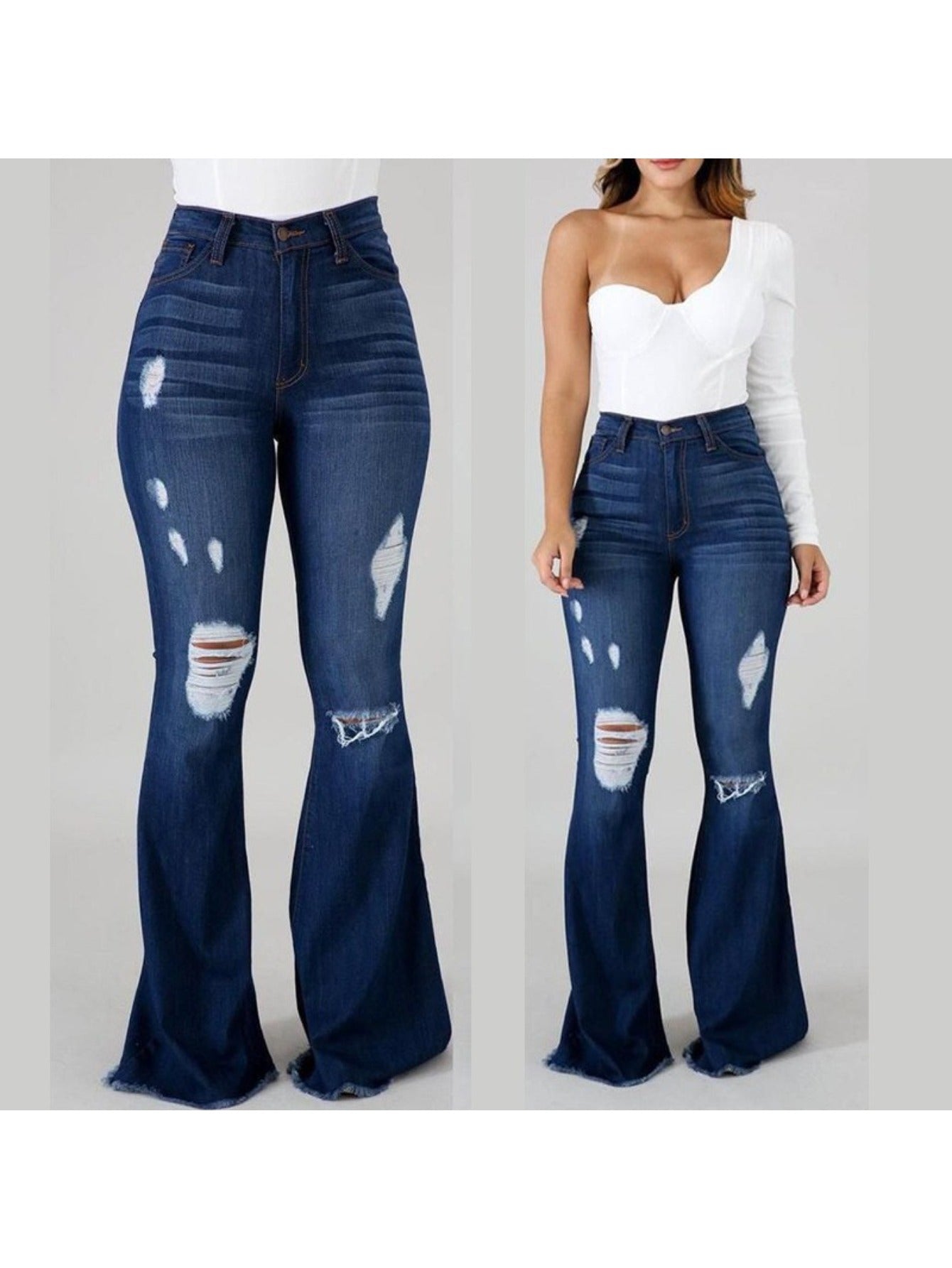 Jean évasé taille haute – Jean denim moulant déchiré extensible