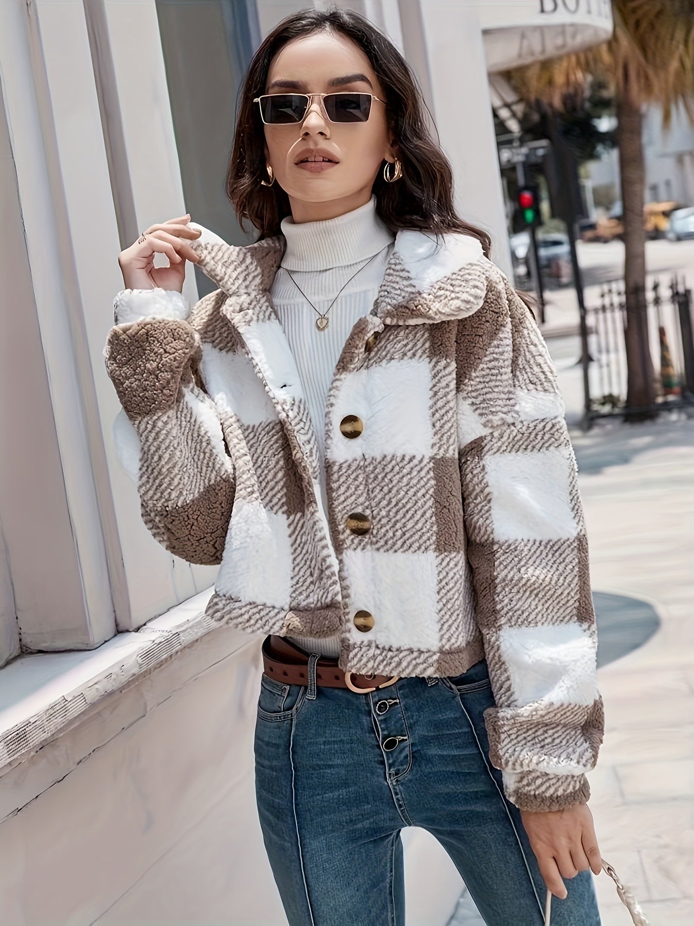 Women’s Plaid Teddy Coat – Warm Button-Up Long Sleeve Winter Outerwear