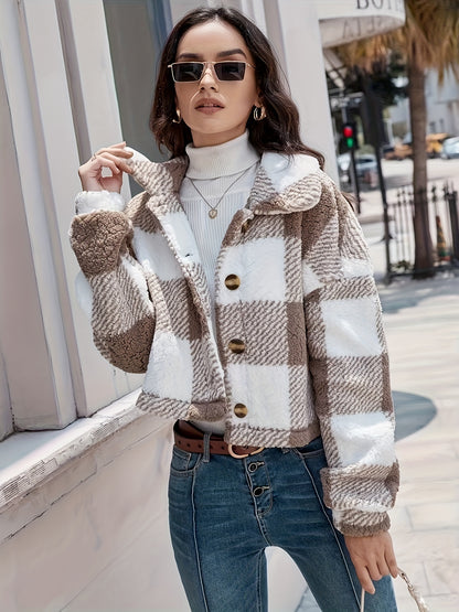 Women’s Plaid Teddy Coat – Warm Button-Up Long Sleeve Winter Outerwear