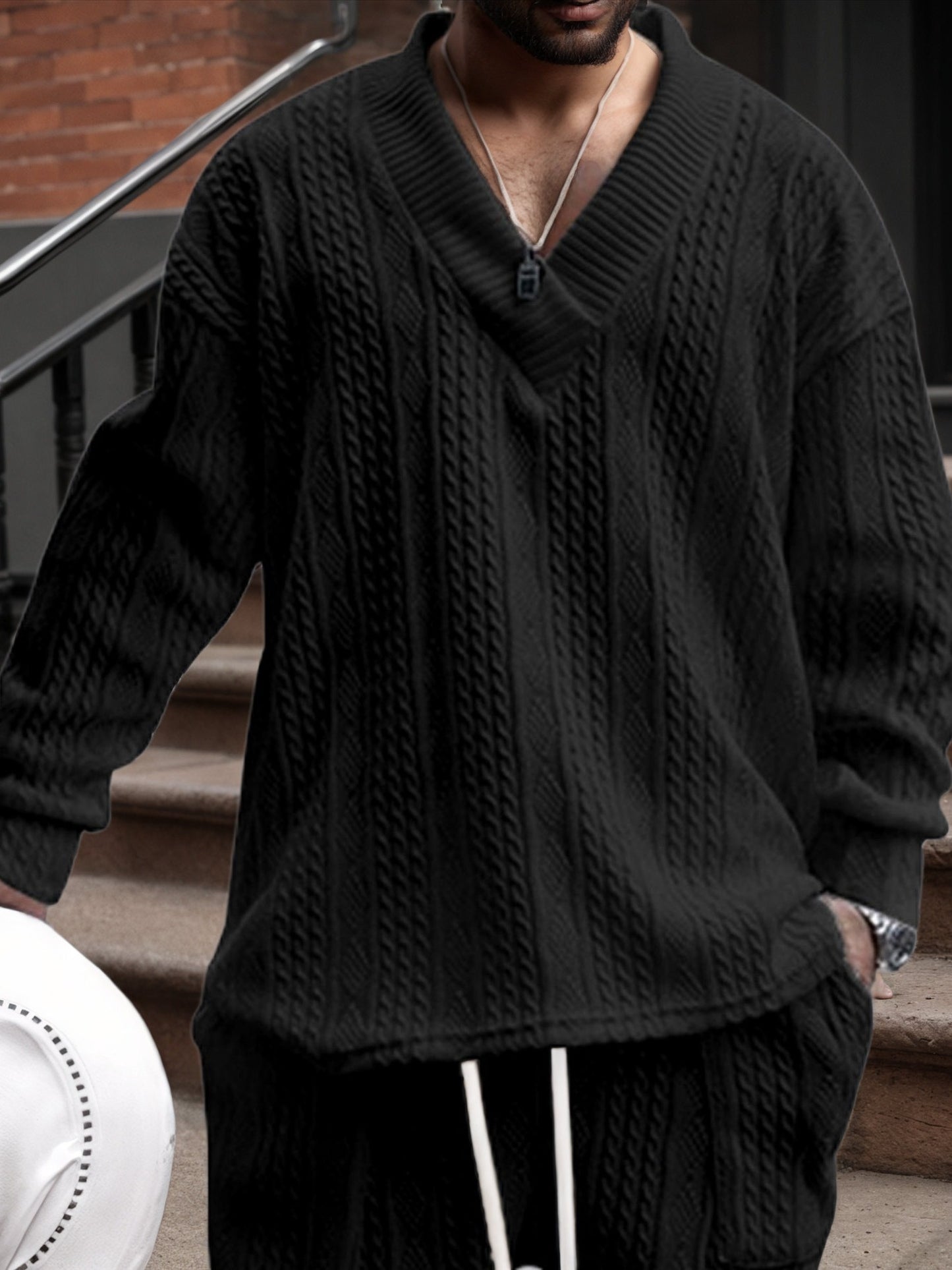 Pull décontracté pour homme en maille col V jacquard côtelé