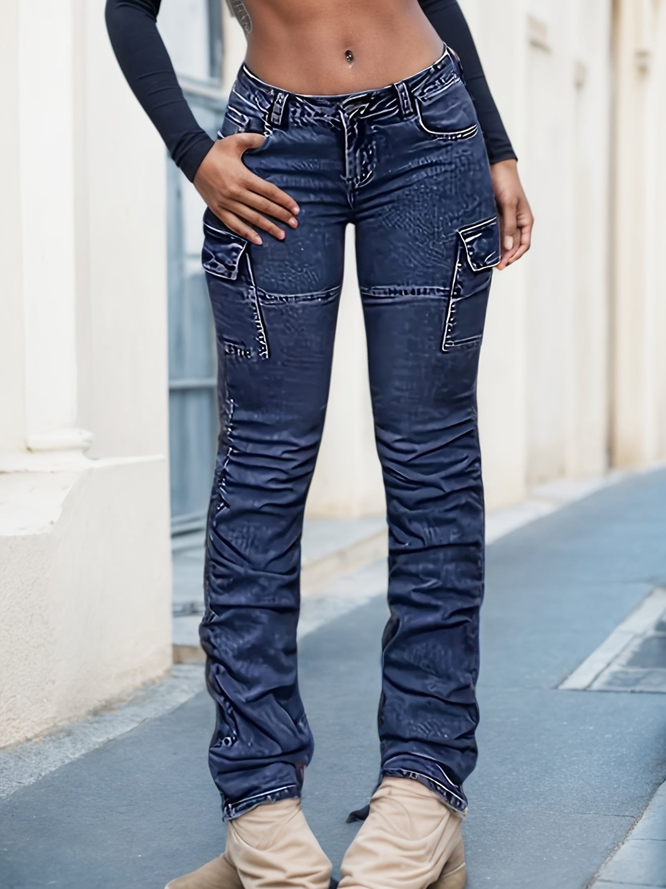 Vaqueros cargo de tiro alto para mujer – Pantalones rectos de mezclilla azul relajados