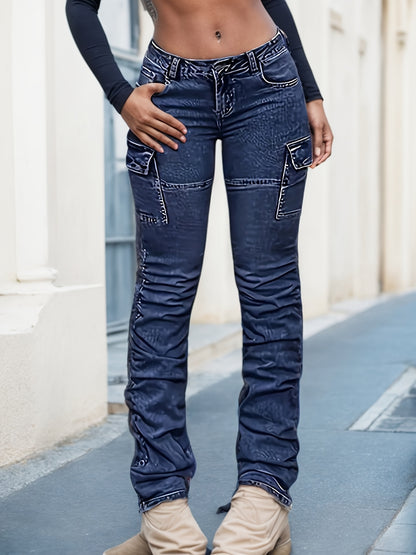 Vaqueros cargo de tiro alto para mujer – Pantalones rectos de mezclilla azul relajados