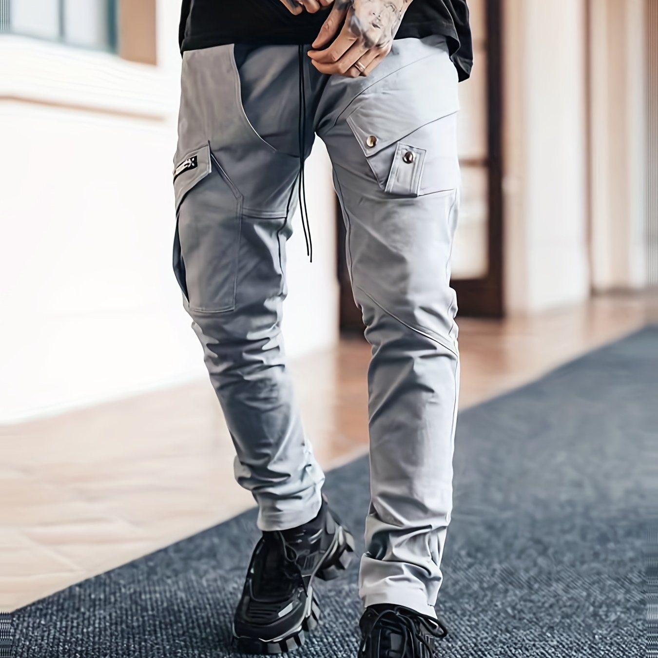 Men’s Black Cargo Pants – Multi-Pocket Drawstring Streetwear Trousers