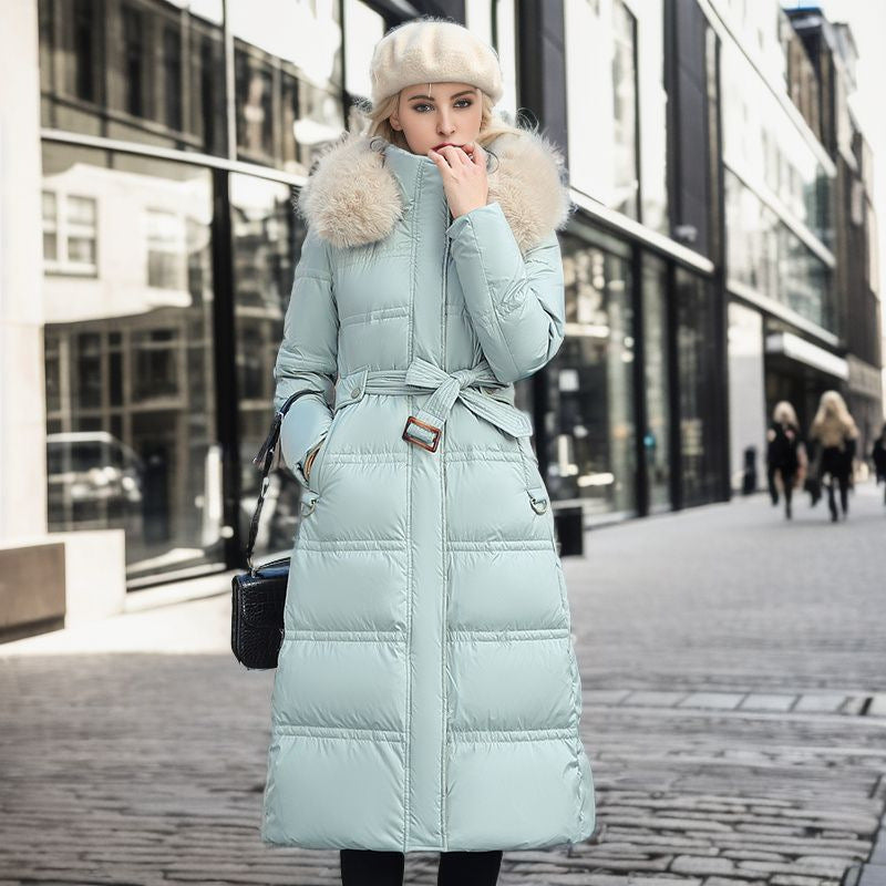 Manteau Long d'Hiver Slim Femme avec Capuche Fourrure & Ceinture – Coupe Chaude