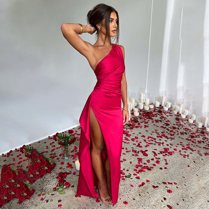 Loom & Soul™ Satin One-Shoulder Slit Dress – Women’s Elegant Summer Backless Party Gown