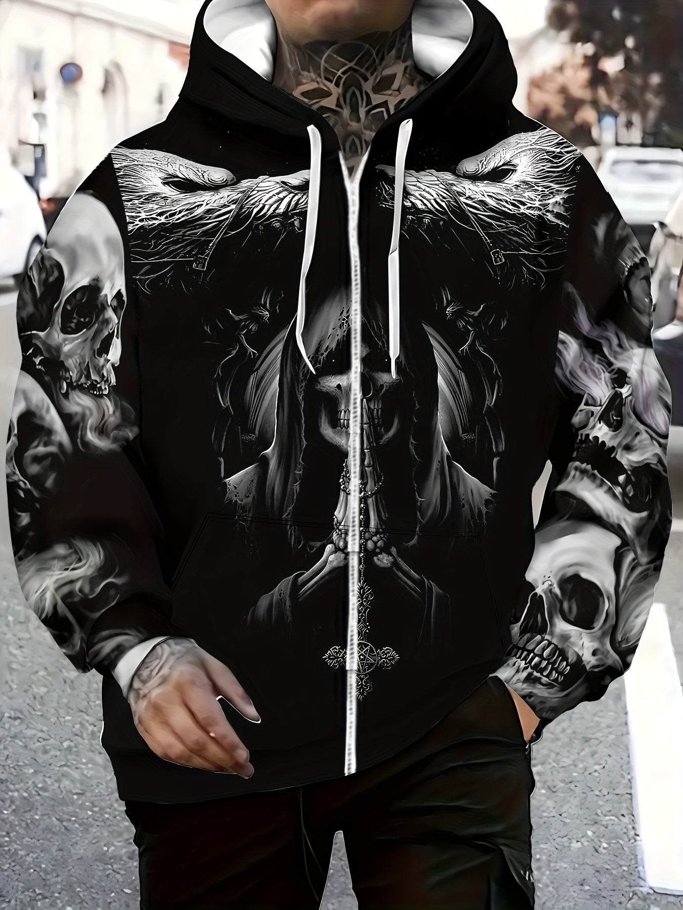 Loom & Soul Men’s Gothic Skull Zip Hoodie – Fiery Wing Streetwear Jacket