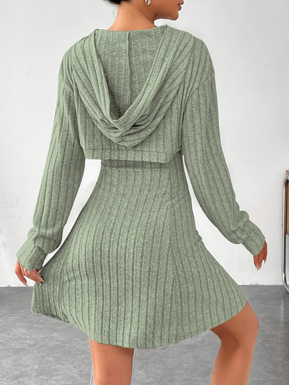 Women’s Ribbed Two-Piece Dress Set – Hooded Short Top & Bodycon Dress